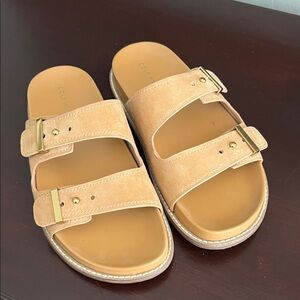 Cole Haan Tan Suede Dual Buckle Slide Sandals